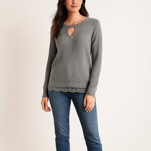 Hem & Thread Gray Waffle Knit Lace Hem Sweater LRG Women’s Long Sleeve Pullover